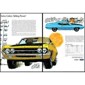 1970 Ford Torino 429 Cobra Jet Ram Air 2 Page Vintage Print Ad Man Cave Wall Art